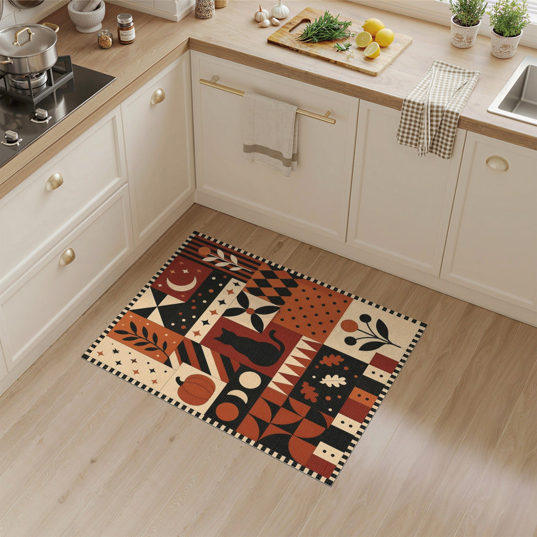 Geometric Black Cat Pumpkin Area Rug