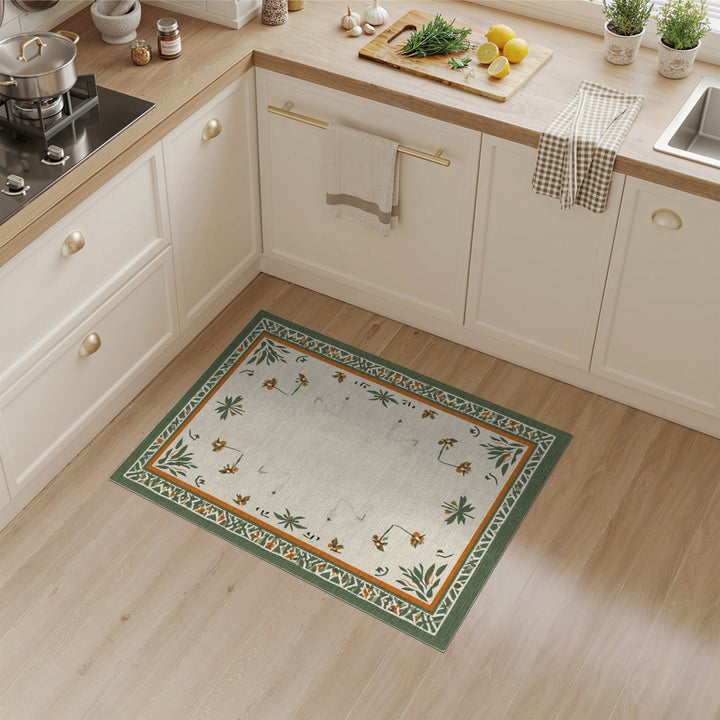 Floral Vintage Beige Area Rug with Green Border