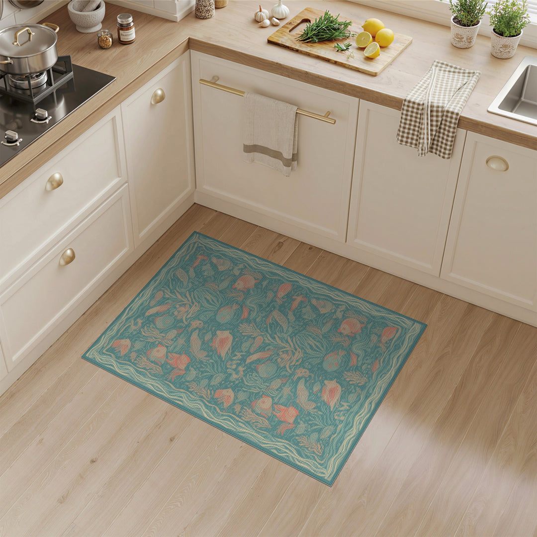 Blue and Teal Blue Teal Ocean Fish Washable Area Rug