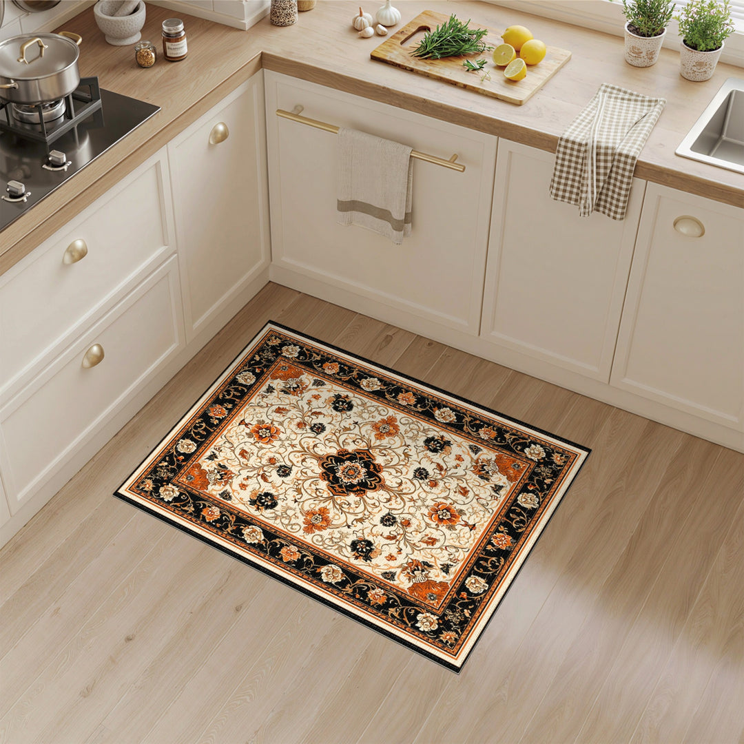 Black Orange Floral Vintage Area Rug