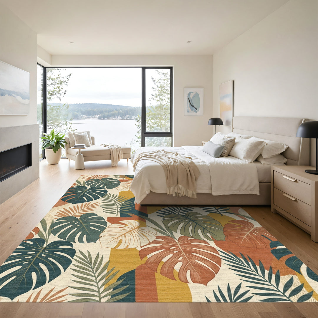 Earthy Terracotta Tropical Monstera Leaves Rug