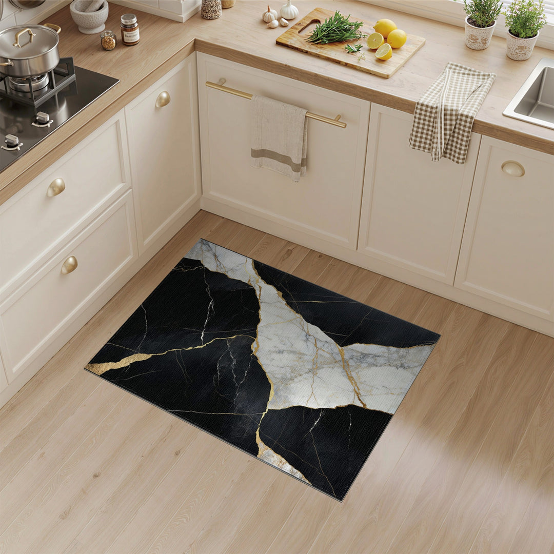 Black and White Black Marble Gold Vein Abstract Area Rug