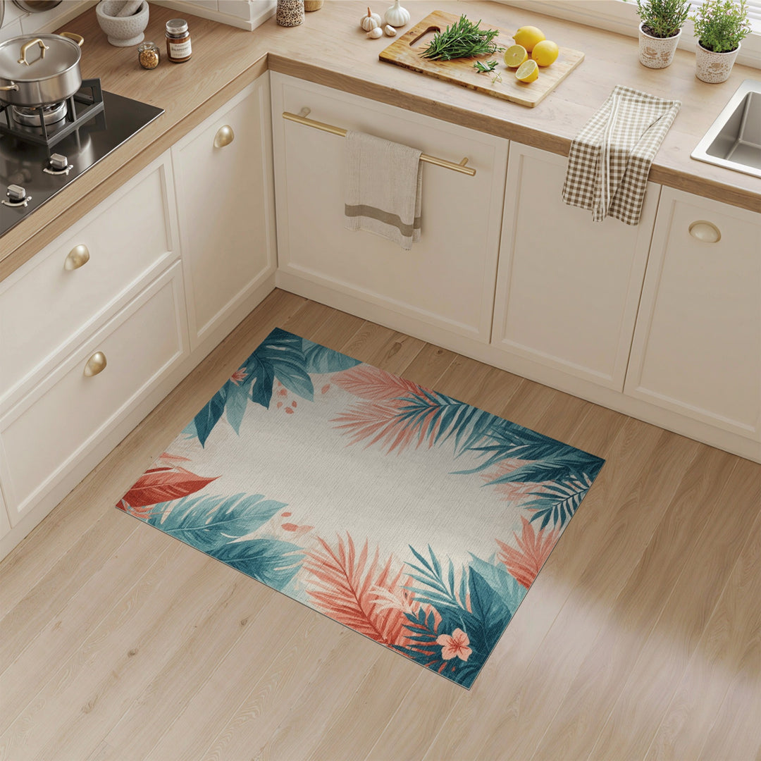 Blue Teal Coastal Leaf Area Rug
