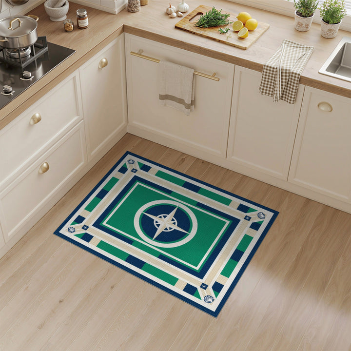 Nautical Compass Blue Green Washable Area Rug