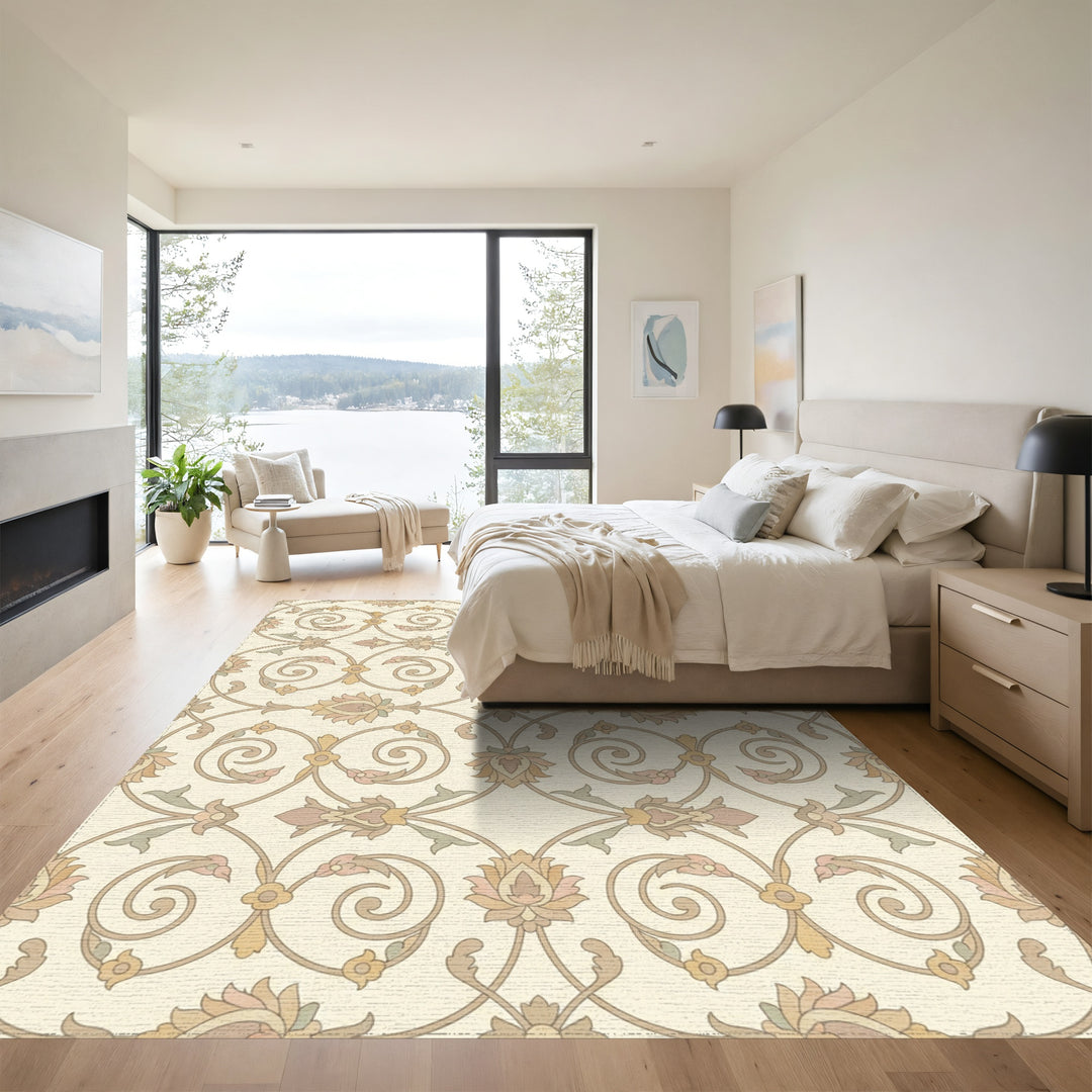 Pastel Floral Scrollwork With Lotus Bloom Rug