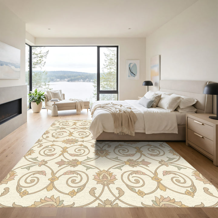 Pastel Floral Scrollwork With Lotus Bloom Rug