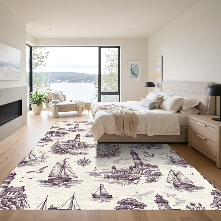 Nautical Coastal Lighthouse Sailboat Scene Rug