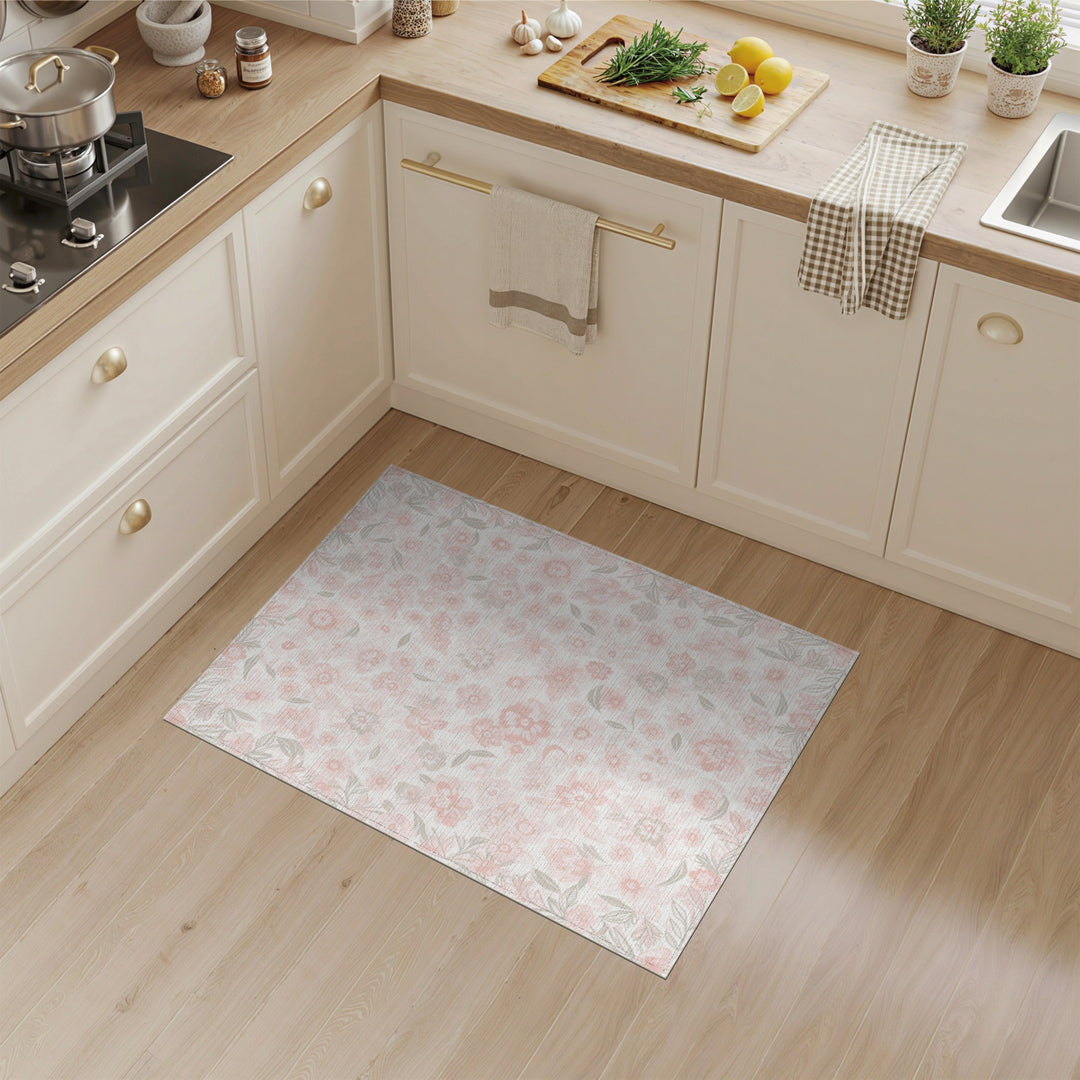 Blush Pink Floral Vintage Washable Rug