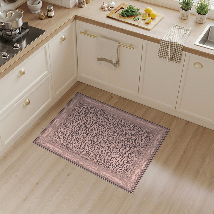 Pink Leopard Area Rug with Ornate Border