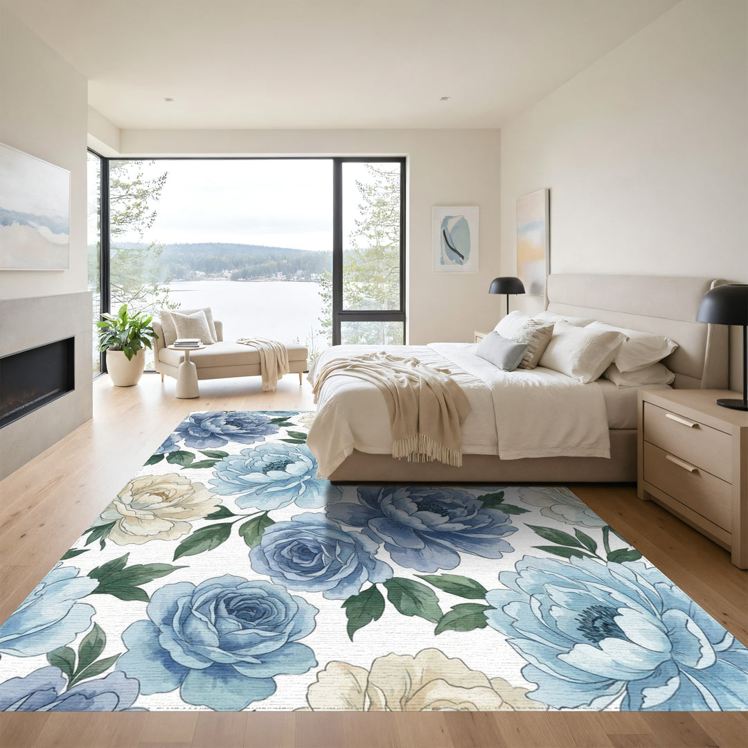 Serene Blue Cream Floral Watercolor Blossoms Rug