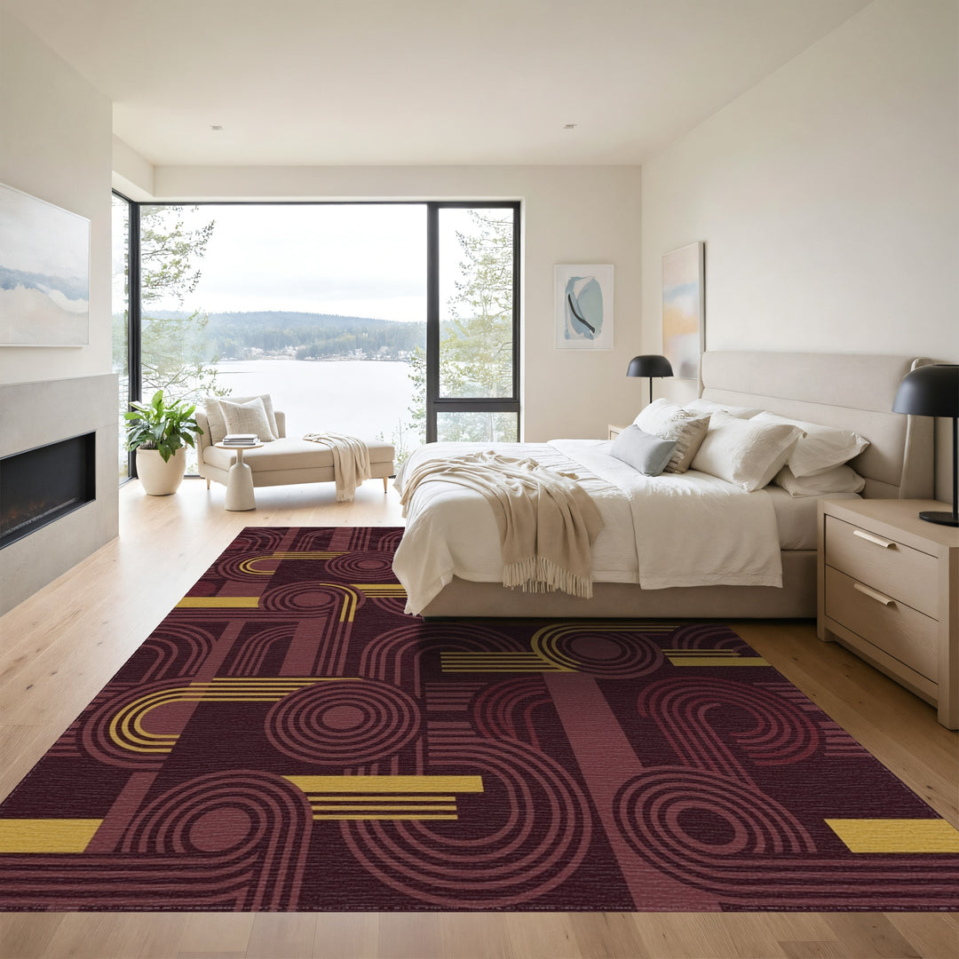 Retro Burgundy Golden Geometric Abstraction Rug