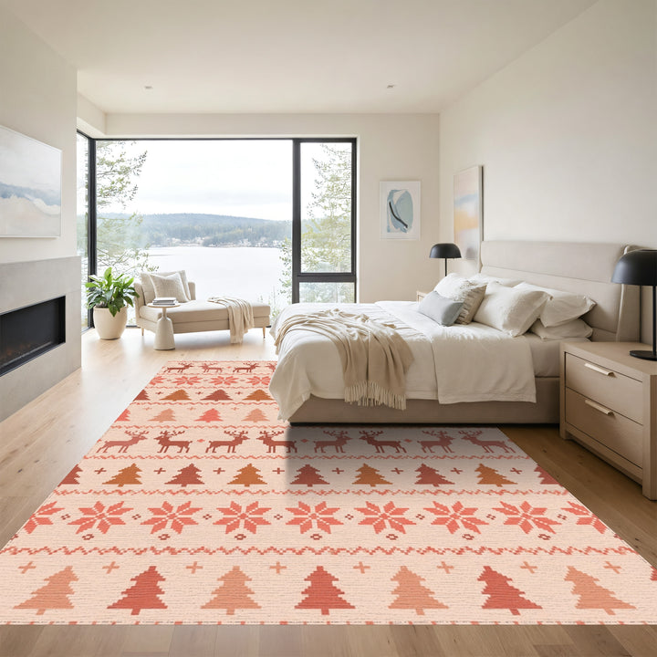 Earthy Tone Deer Pine Tree Snowflakes Rug