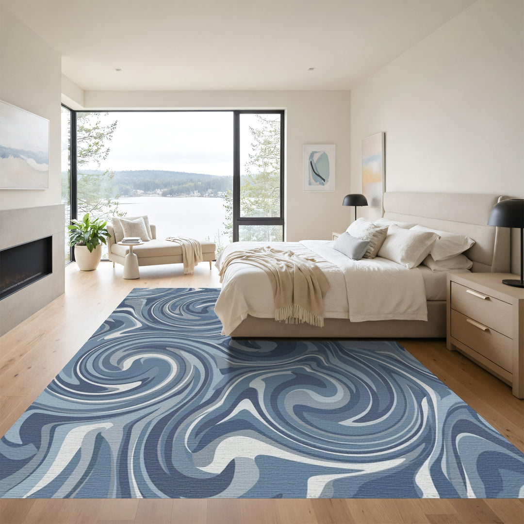 Abstract Blue Swirl Marbled Rug