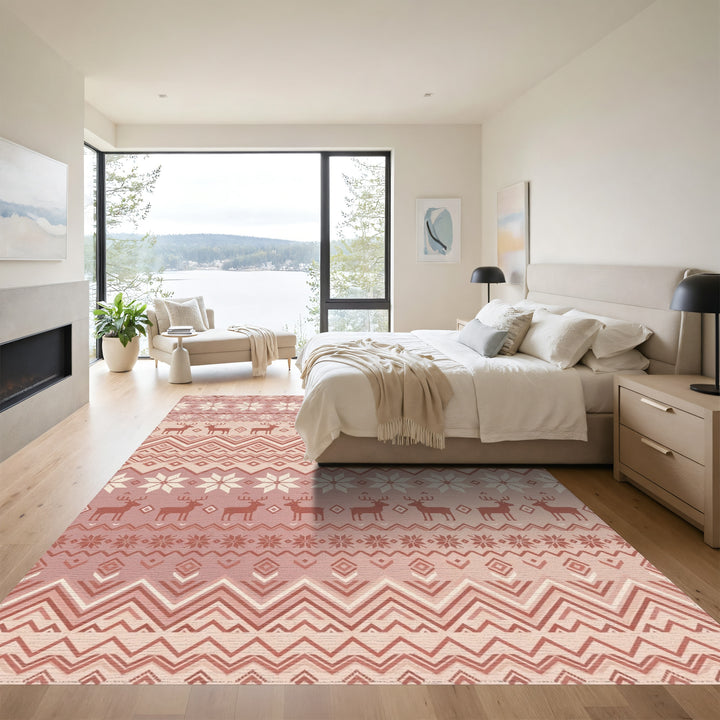 Rose Gold Nordic Reindeer Snowflake Stripe Rug