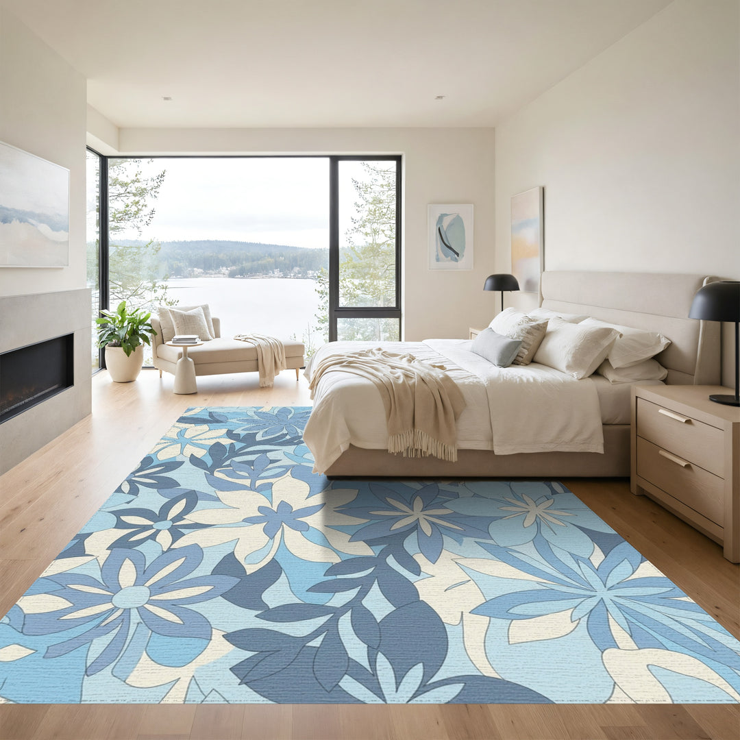 Retro Blue Floral Garden Rug