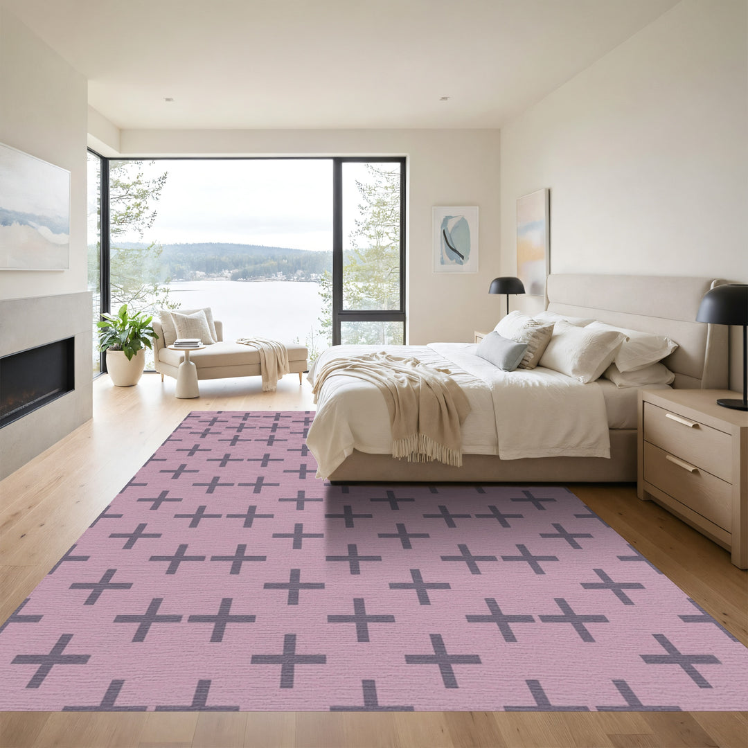 Rose Gray Cross Stitch Grid Rug