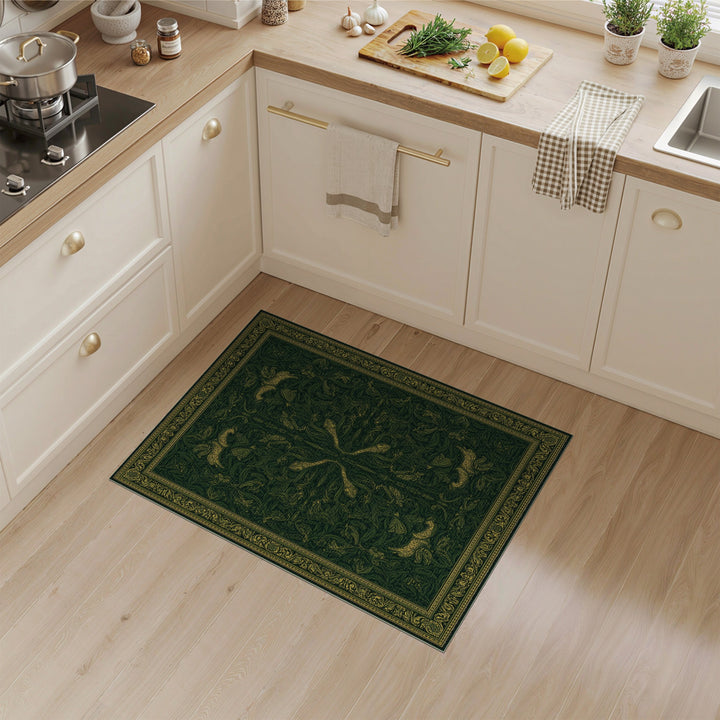 Green Floral Vintage Area Rug with Gold Hares