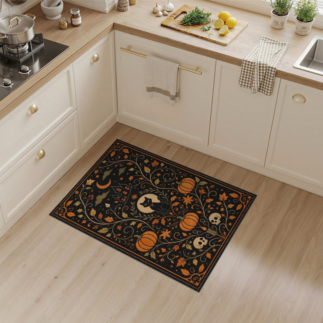 Orange Distressed Vintage Black Cat Pumpkin Halloween Area Rug