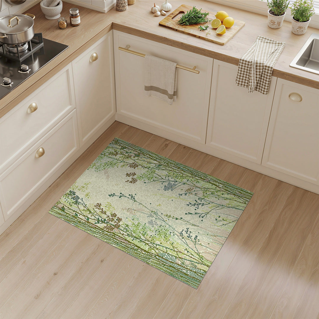 Green Wildflower Meadow Washable Area Rug
