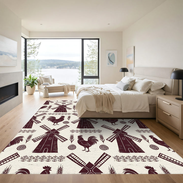 Farmhouse Windmill Rooster Wheat Border Rug