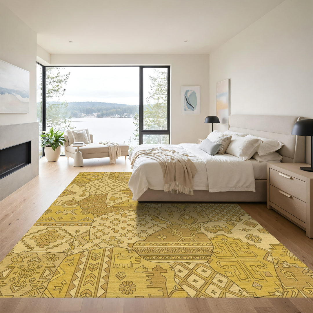 Golden Warm Patchwork Geometric Medallion Rug