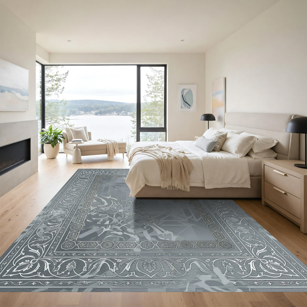 Classic Gray Ornate Floral Border Rug