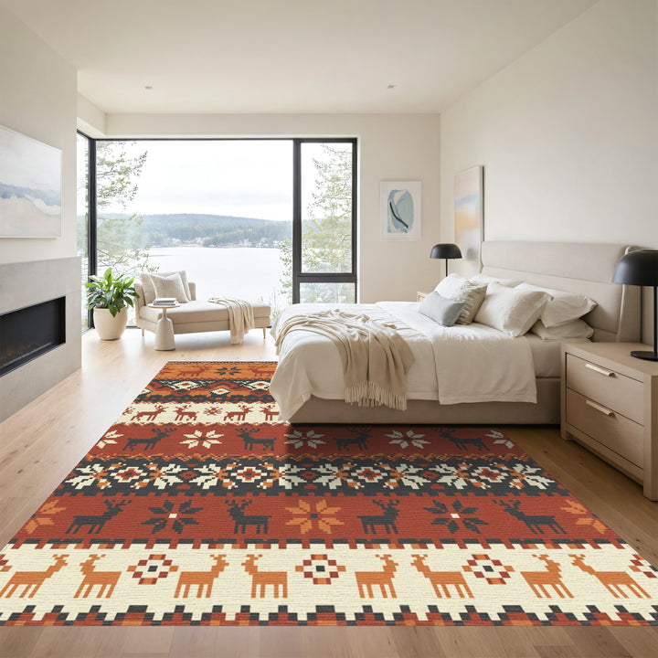 Rustic Earthy Deer Snowflake Stripes Rug