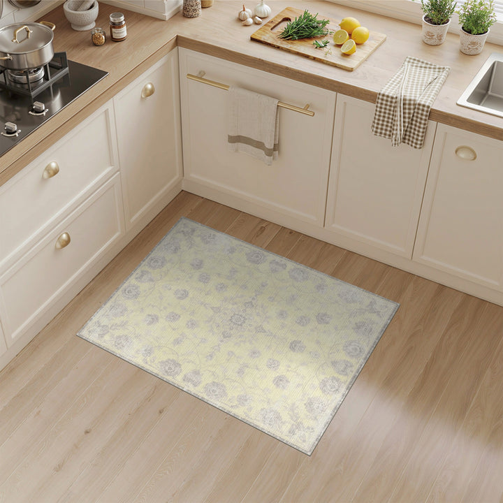 Pale Yellow Grey Floral Vintage Area Rug