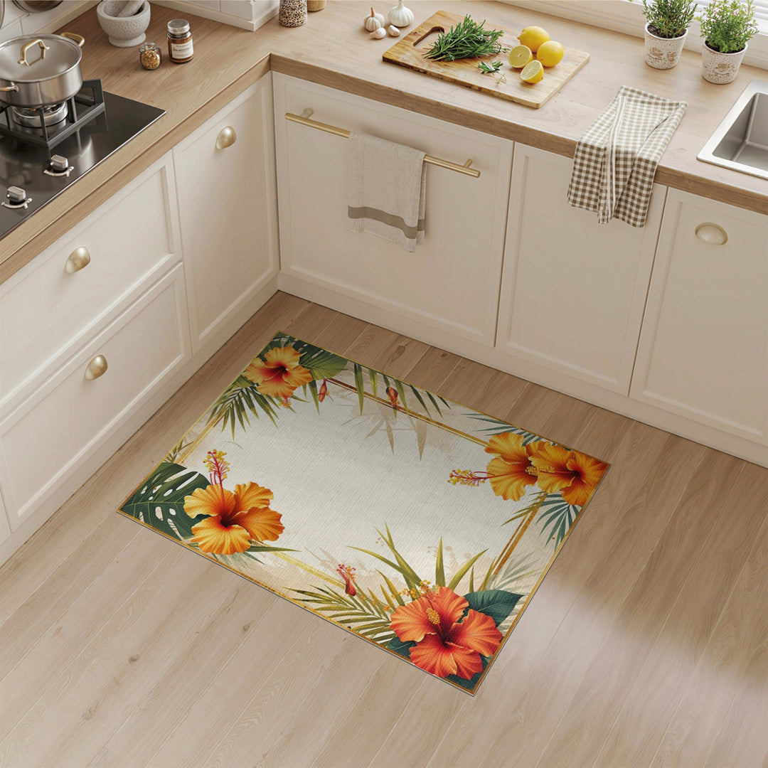 Orange Hibiscus Palm Border Area Rug