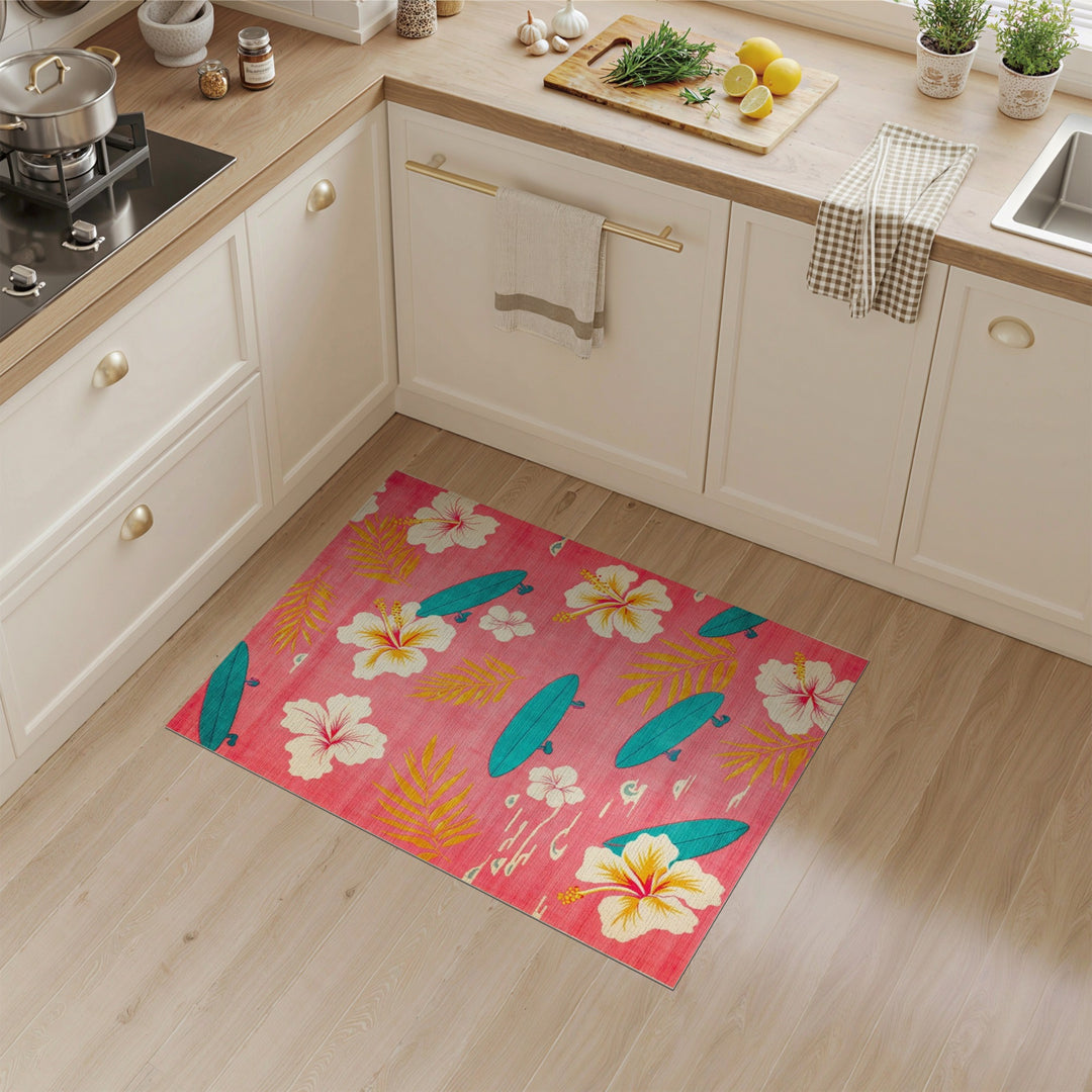 Pink Hibiscus Surfboard Washable Area Rug