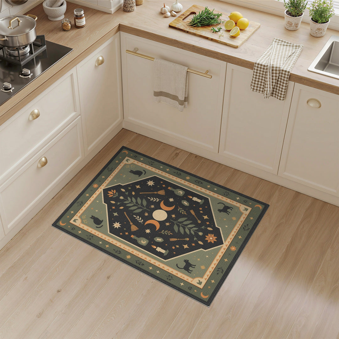 Mystic Cat Moon Green Area Rug