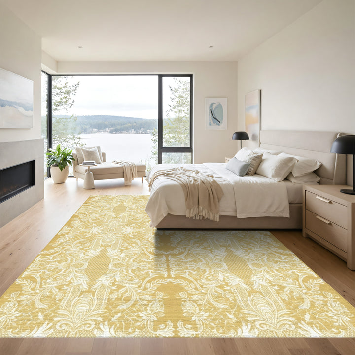 Ornate Golden Lace Floral Medallion Rug