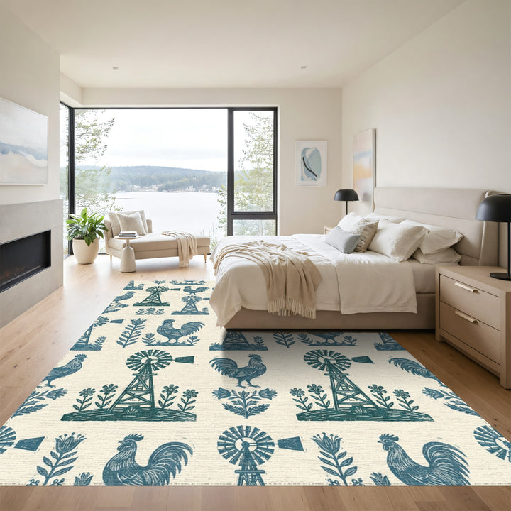 Farmstead Teal Rooster Windmill Floral Rug