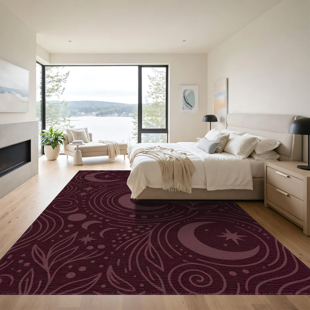 Crimson Celestial Moon Star Swirls Rug