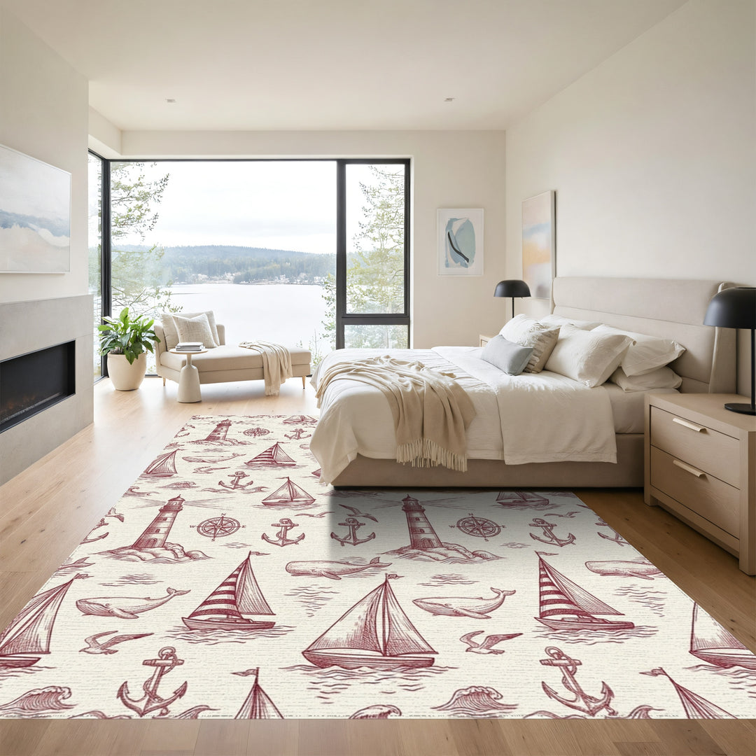 Nautical Sketch Lighthouse Sailboat Whale Anchor Rug