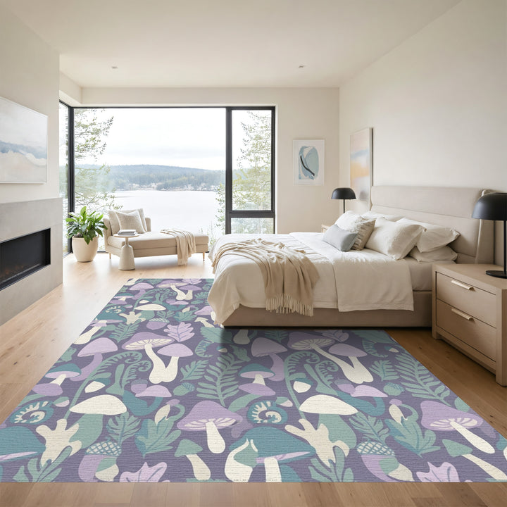 Whimsical Purple Mushroom Forest Ferns Rug