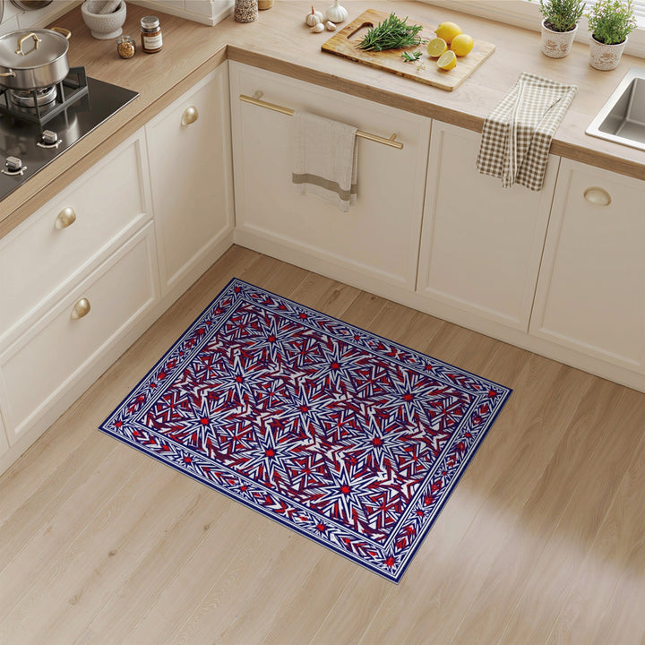 Red Blue Geometric Star Washable Area Rug