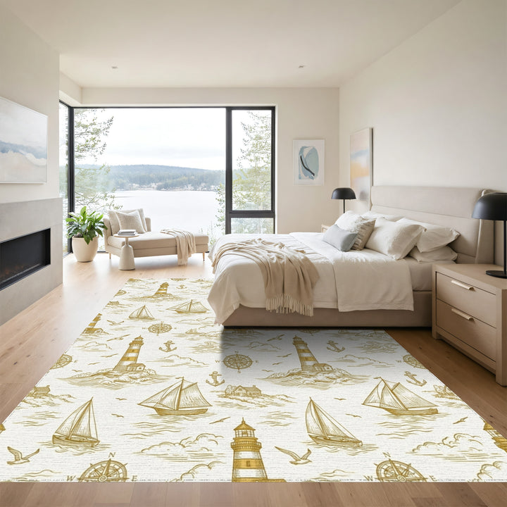 Coastal Nautical Scene Lighthouse Sailing Ships Rug