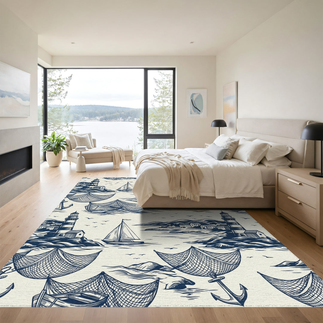 Nautical Village Lighthouse Sailboat Anchor Scene Rug
