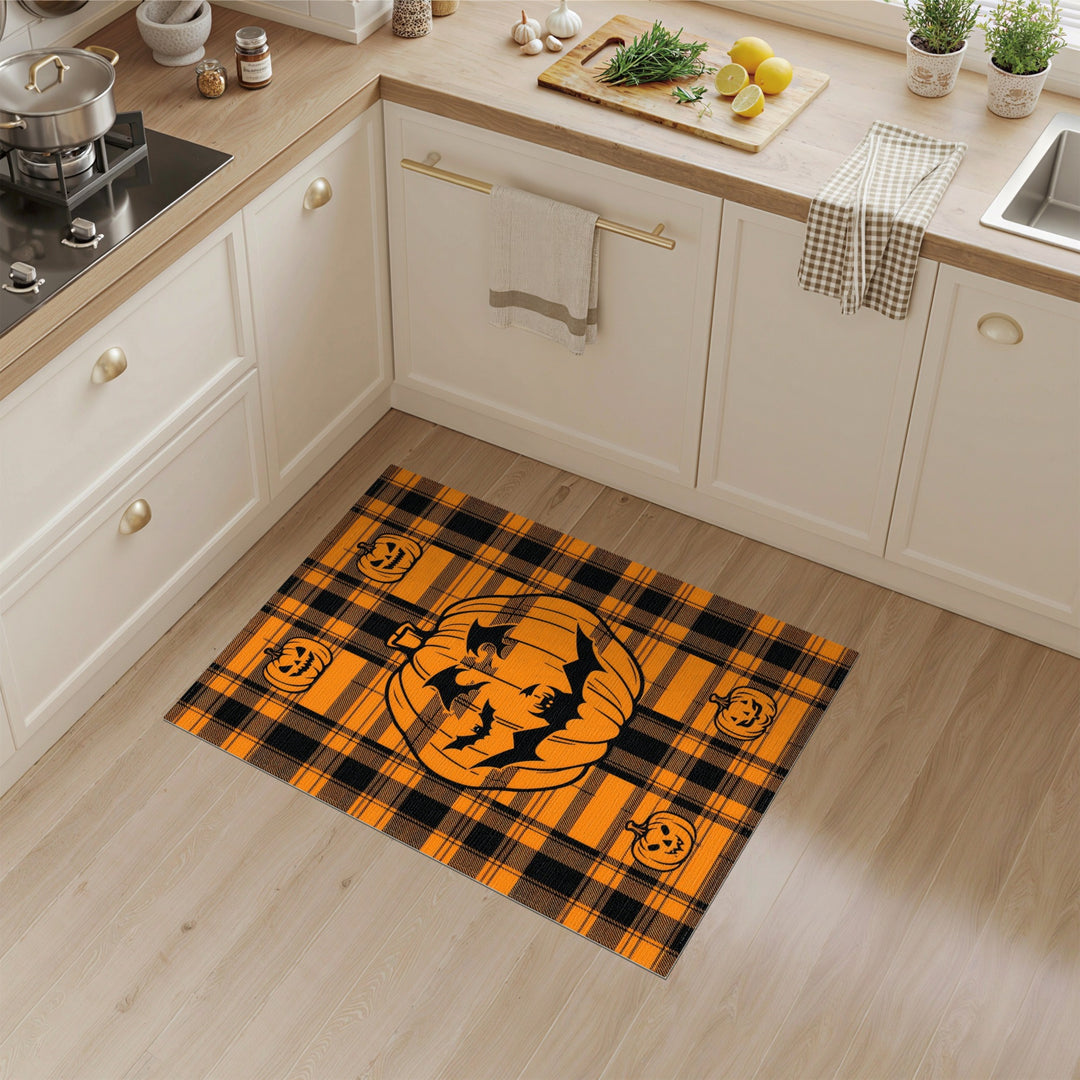 Halloween Pumpkin Bat Orange Plaid Area Rug