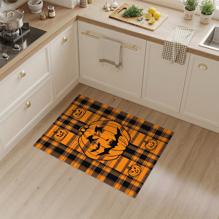 Halloween Pumpkin Bat Orange Plaid Area Rug