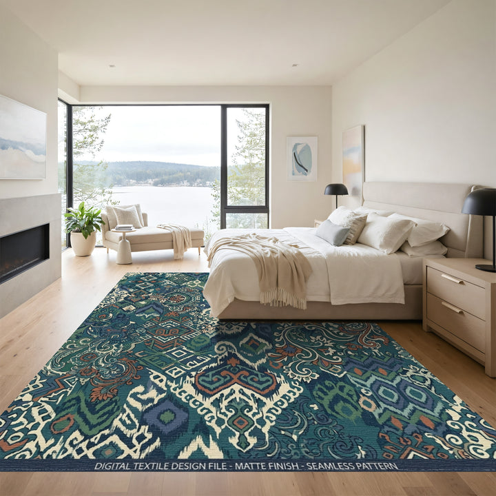 Teal Blue Earthy Patchwork Medallion Rug