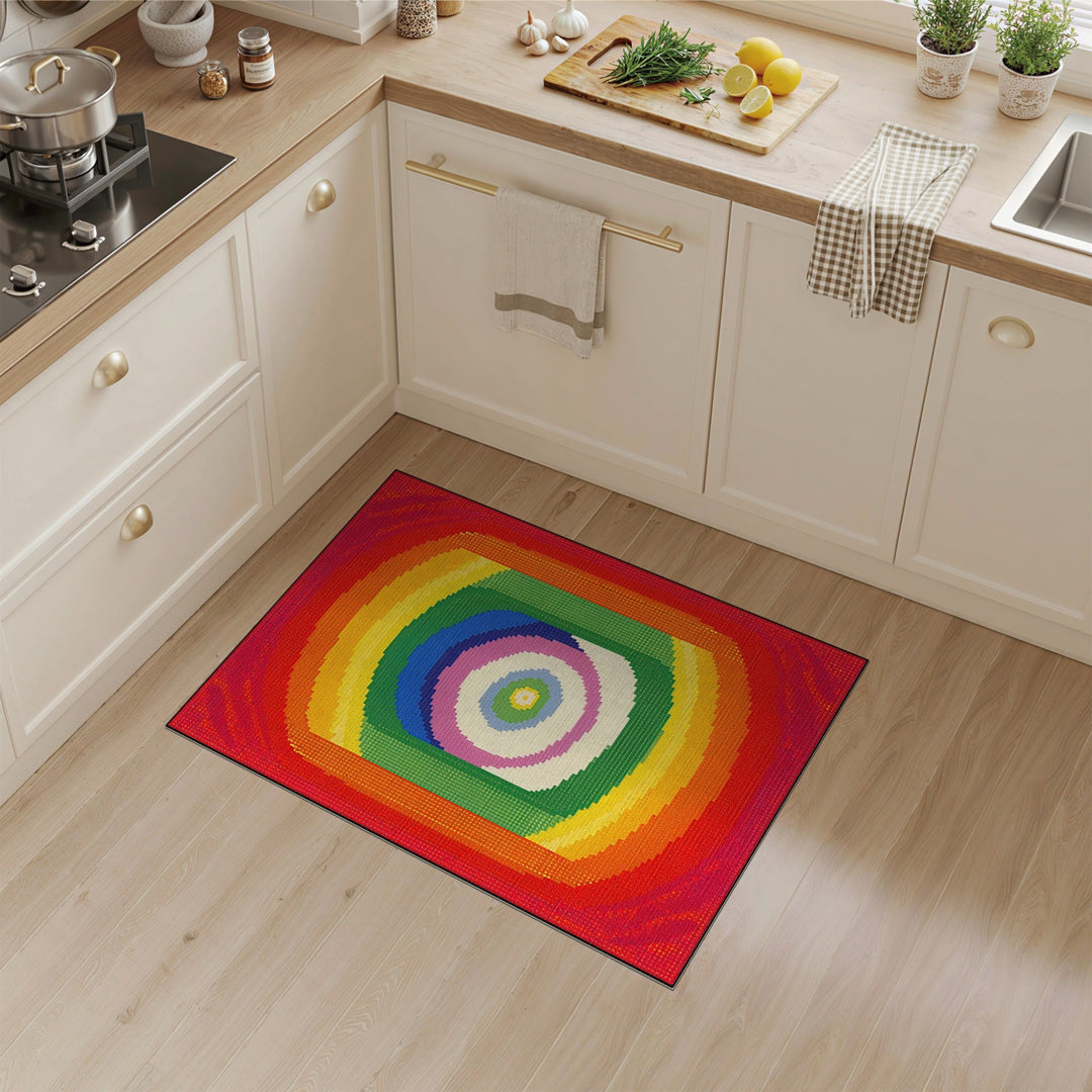 Vibrant Rainbow Concentric Square Area Rug