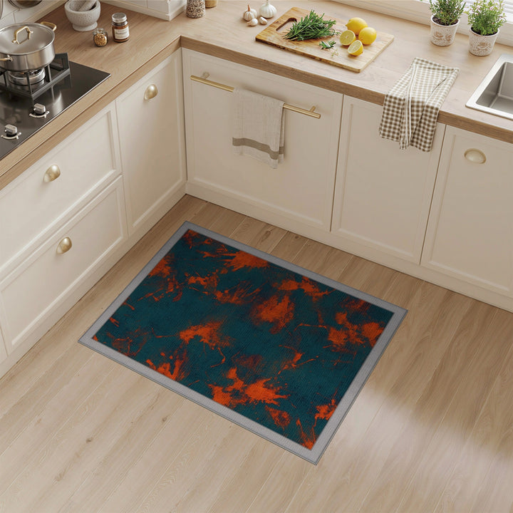 Blue Teal Abstract Orange Splatter Area Rug