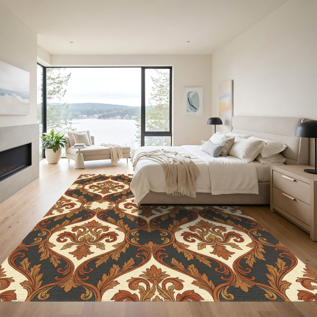 Vintage Ochre Scrollwork Damask Rug