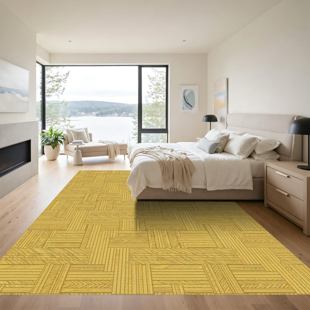 Golden Yellow Woven Basketweave Texture Rug
