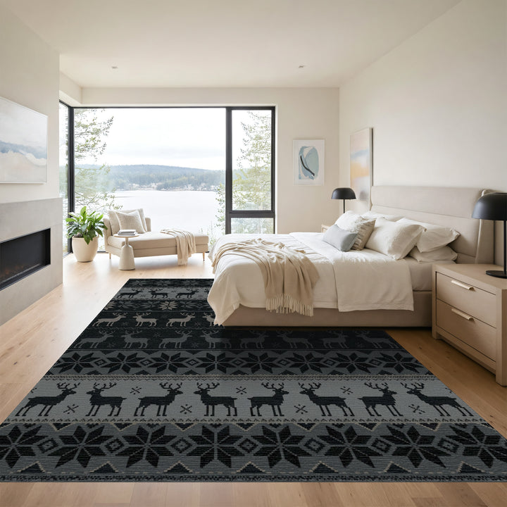 Gray Black Reindeer Snowflake Stripes Rug