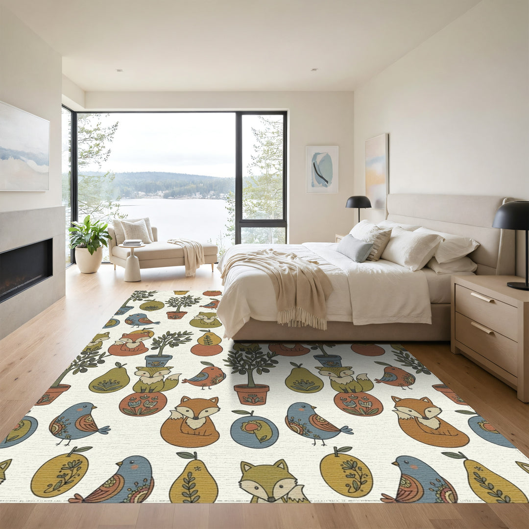 Whimsical Woodland Creatures And Olive Trees Rug