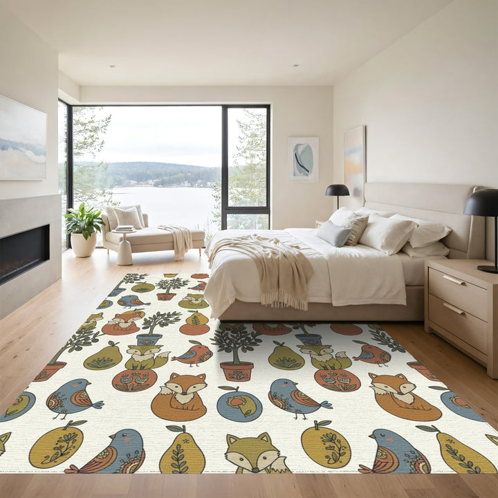 Whimsical Woodland Creatures And Olive Trees Rug