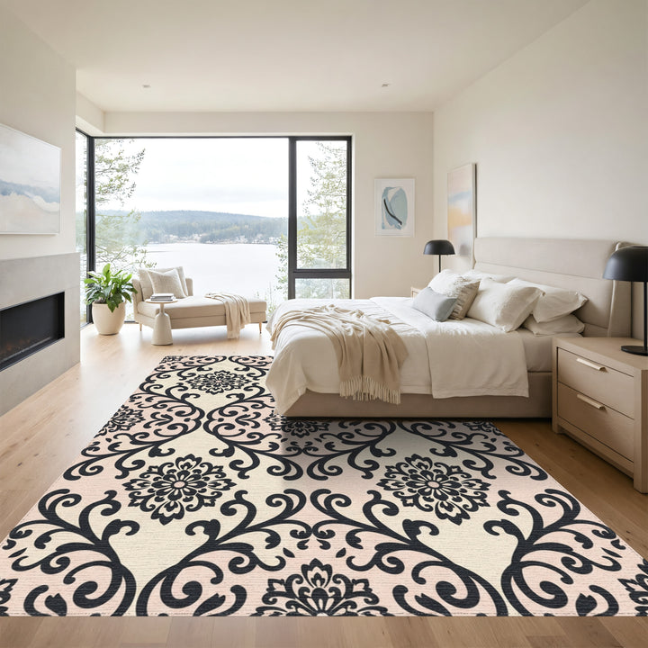 Elegant Black Floral Damask Cream Rug